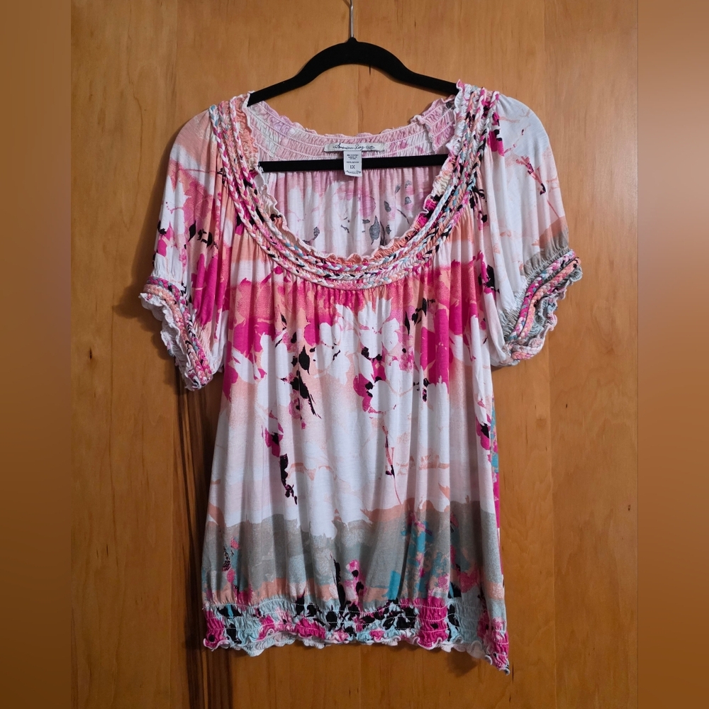 American Rag Pink and Gray Ruched Blouse